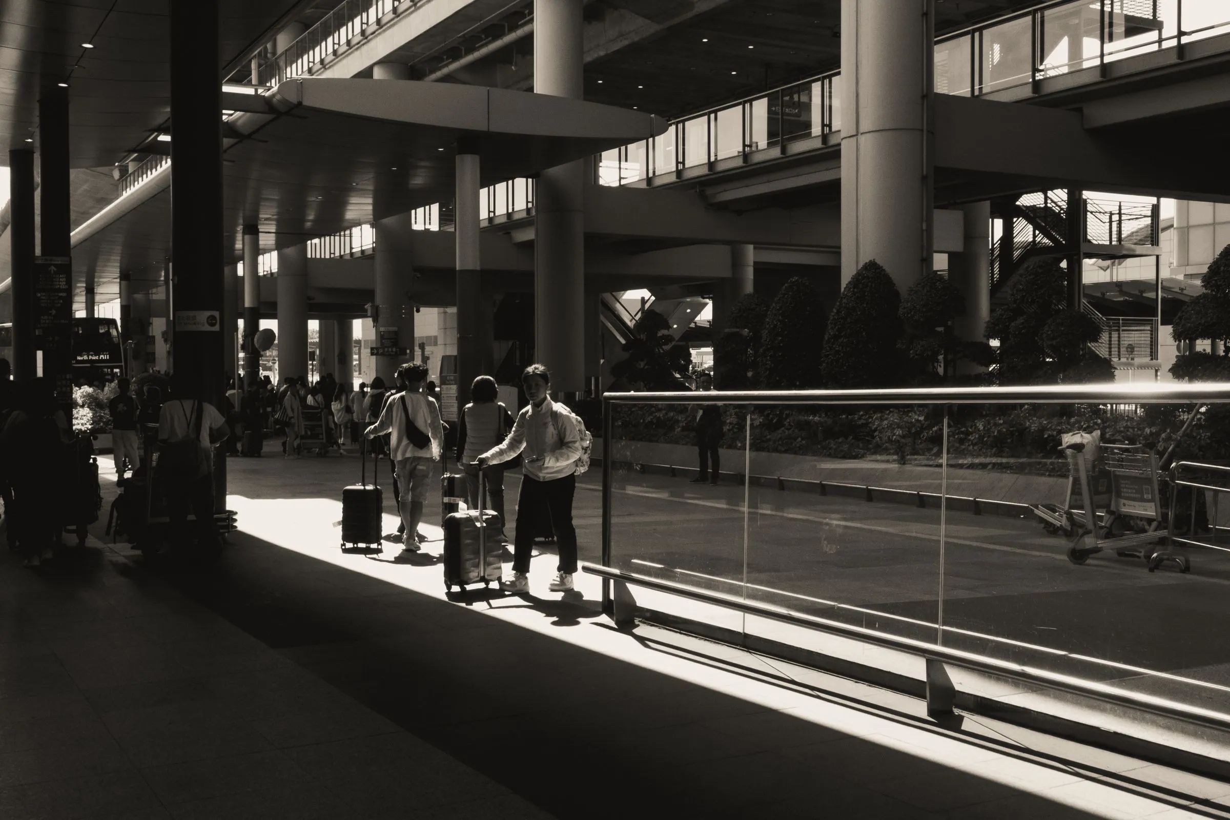 Silhouettes of travelers with luggage at a sunlit modern airport terminal in black and white.